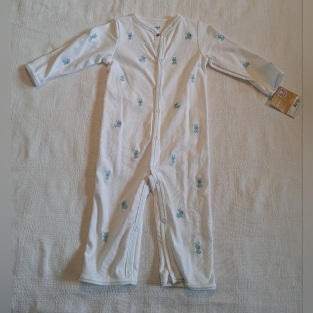Carter's 9 months white romper with blue bunny embroidery 1st Easter patch NWT